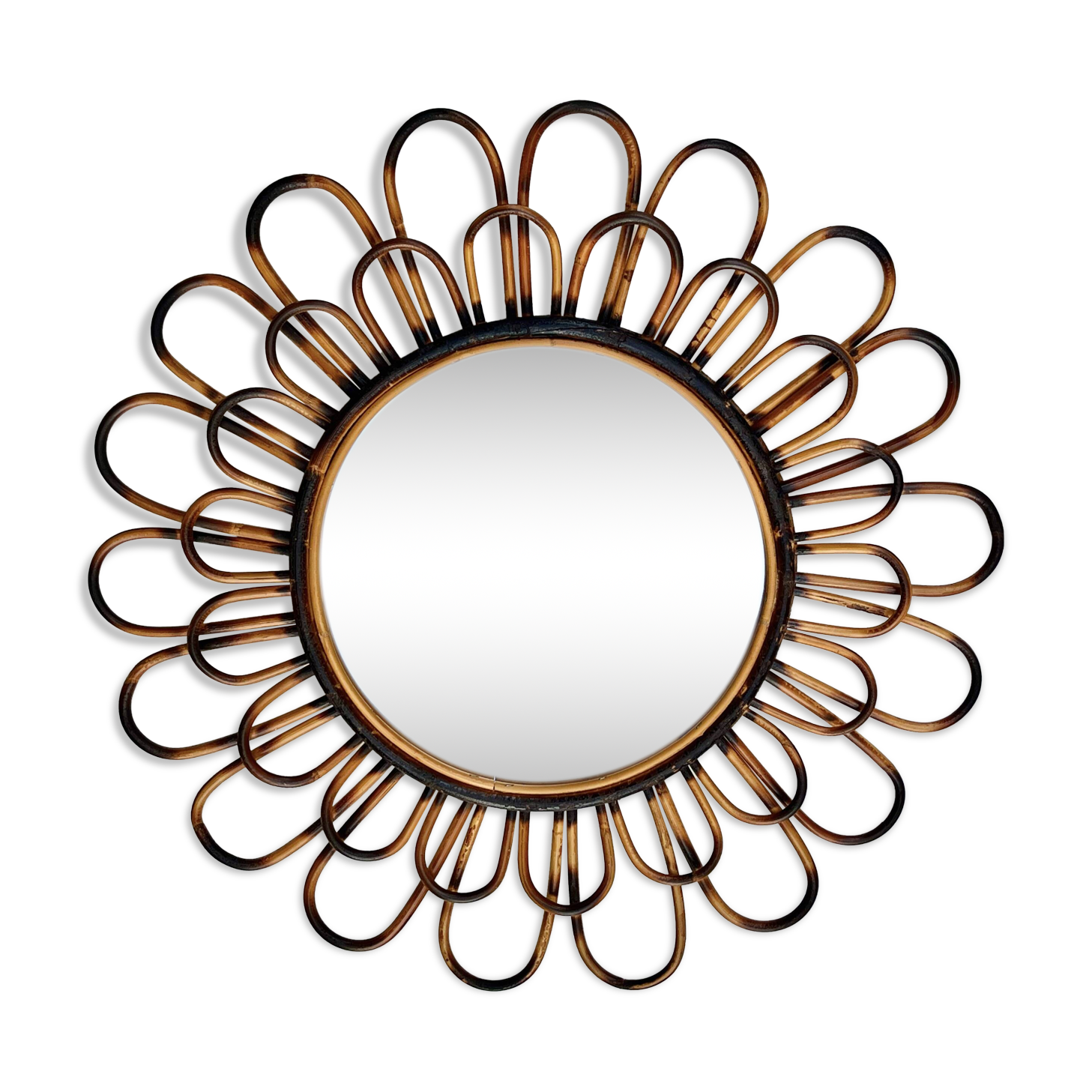Round mirror flower sun in smoked rattan wicker vintage 1960 1970 47 cm folk