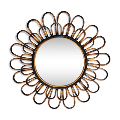 Miroir rond fleur soleil en rotin osier fumé vintage 1960 1970 47 cm folk