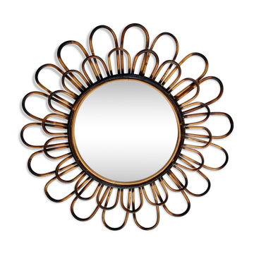 Miroir rond fleur soleil en rotin osier fumé vintage 1960 1970 47 cm folk