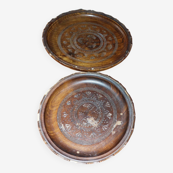 Set of 2 vintage carved round wooden trays