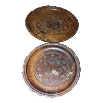 Set of 2 vintage carved round wooden trays