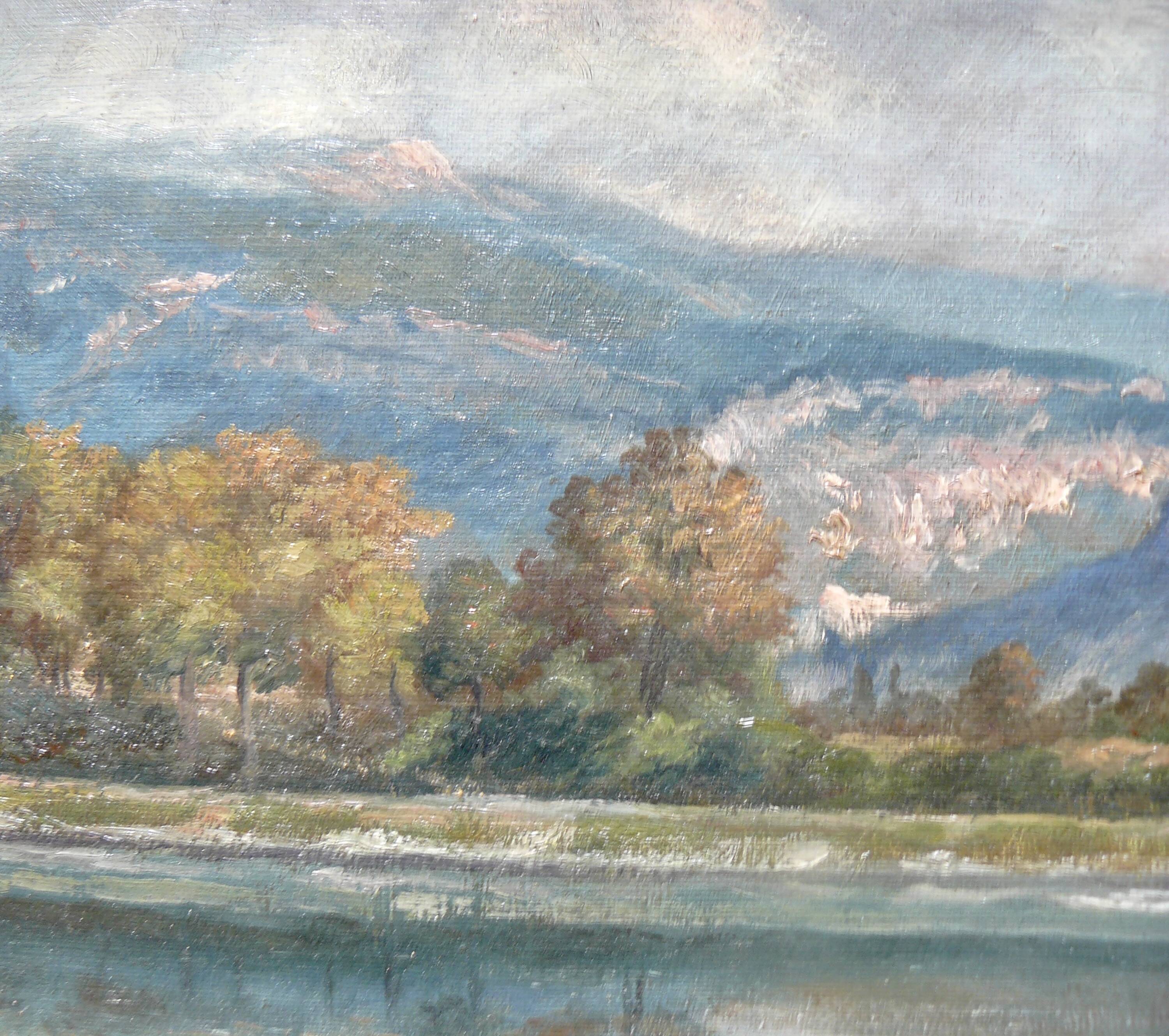 Painting by J. GIRARD-CONDAMIN, Lyon school, the banks of the Rhône and the mountains of Bugey