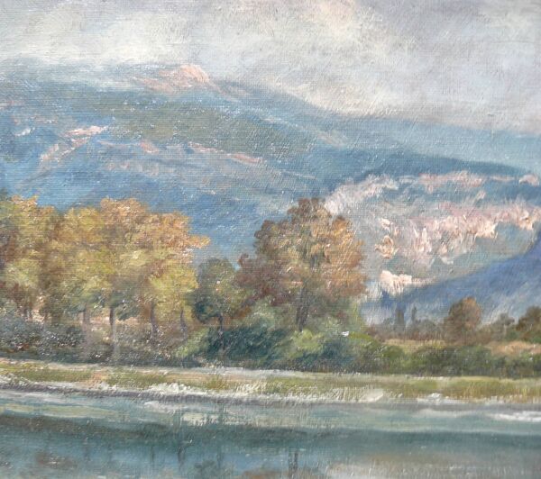 Tableau de J.Girard-Condamin, école lyonnaise, ''Les berges du Rhône et les montagnes du Bugey
