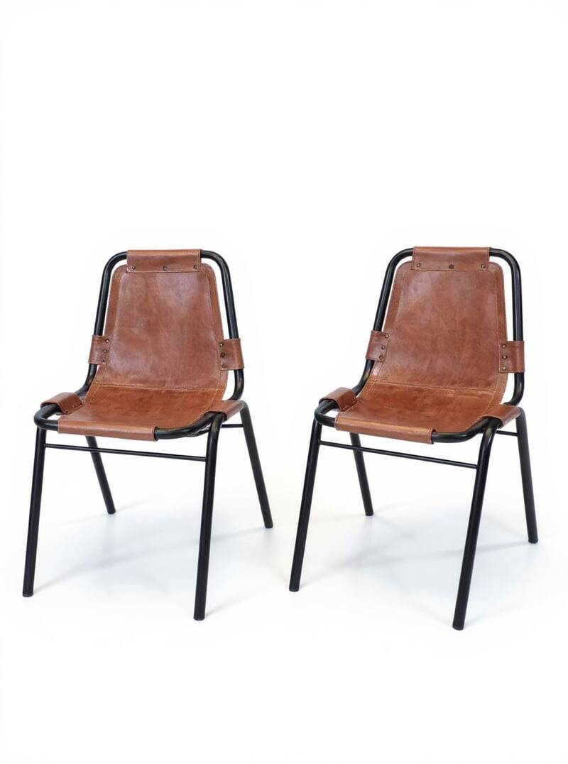 Pair of Metal and Leather Chairs, after Charlotte Perriand for Les Arcs, circa 1960.