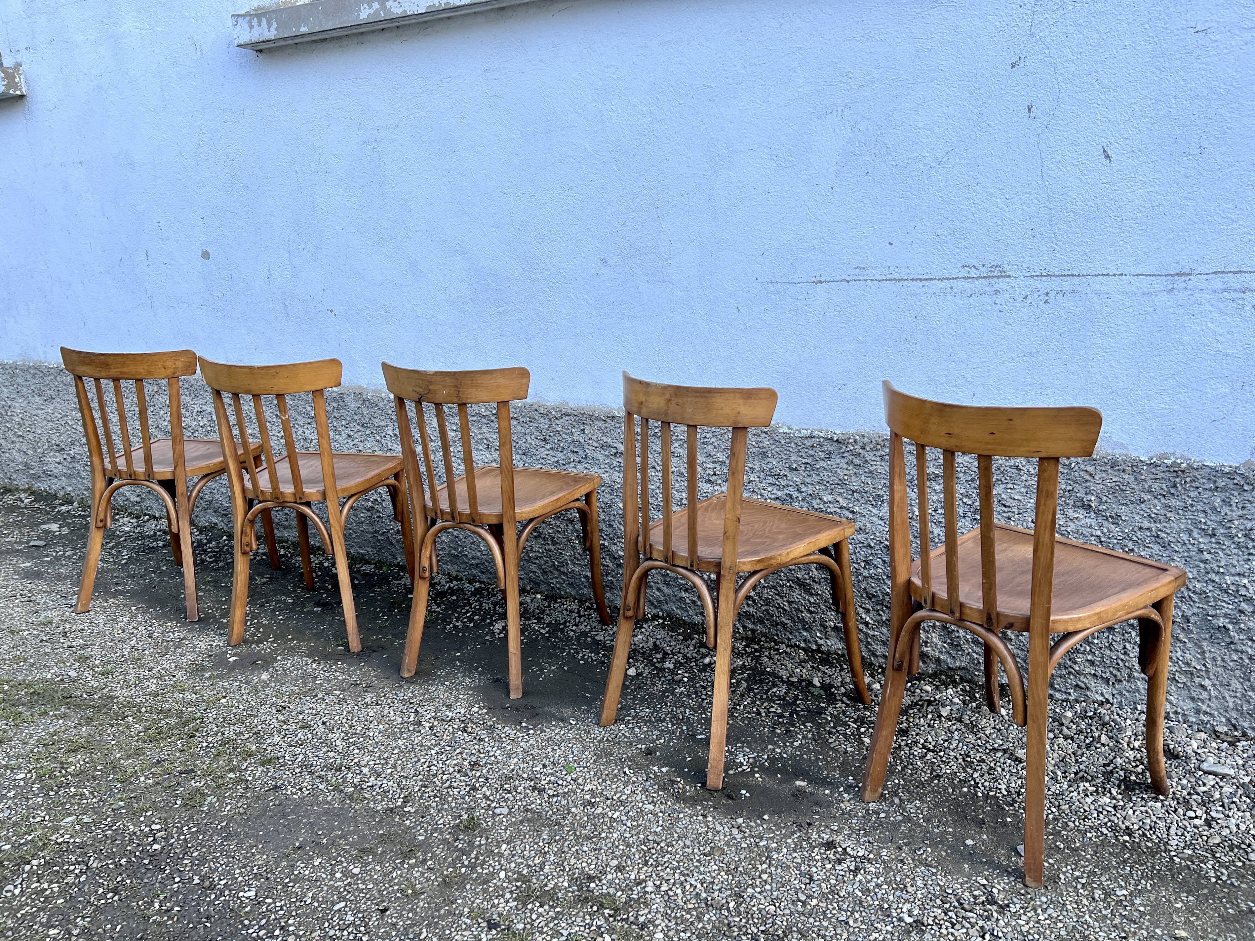 Series of 5 bistro/bohemian beech chairs - vintage - 1950