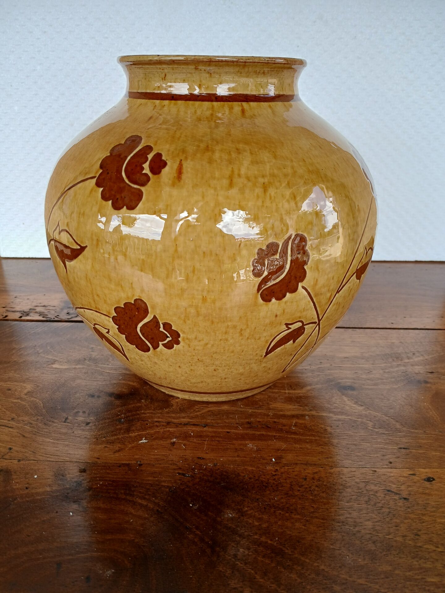 Vintage glazed vase with floral decoration signed Nigon.