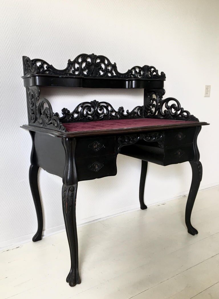 Elegant Victorian Black and Red Desk, Writing Table, Secretaire