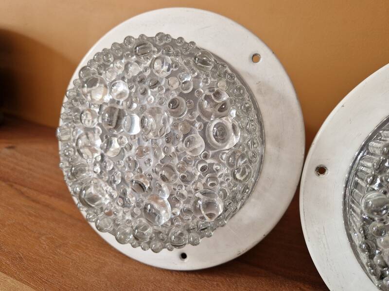 Pair of ceiling lights - Staff Leuchten - In aluminium and moulded glass with a bubble pattern.