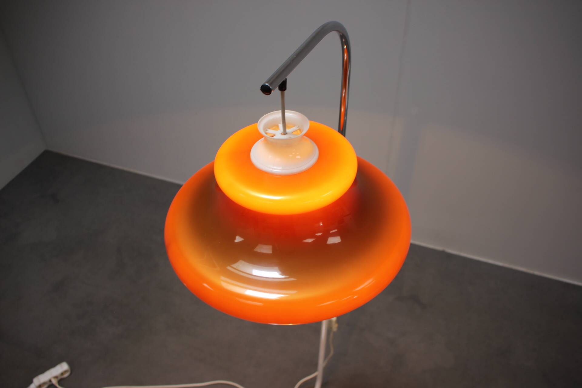 1970s Hungarian space age floor lamp in orange plastic and chrome.