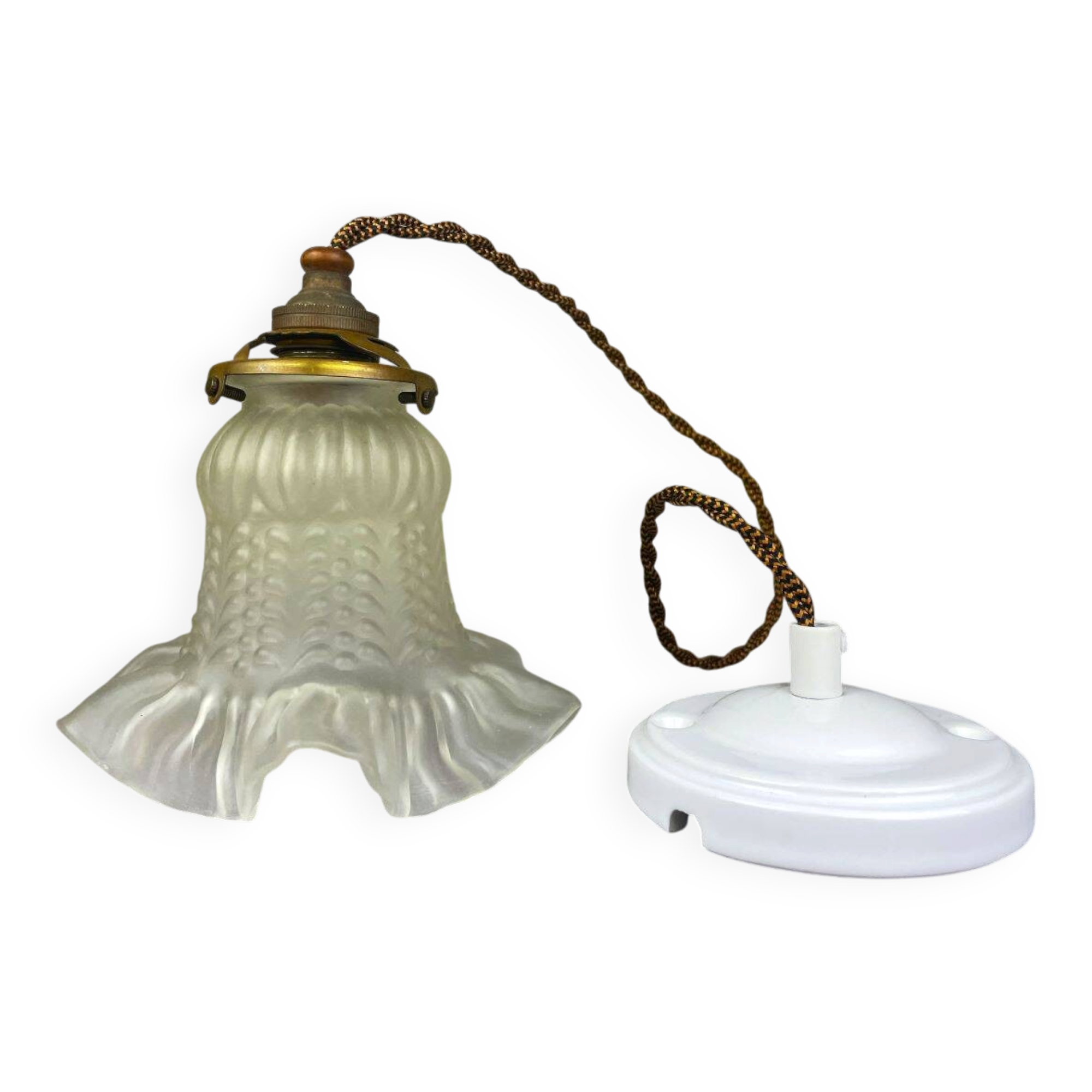 Lampe suspendue tulipe en verre dépoli française des années 1950.