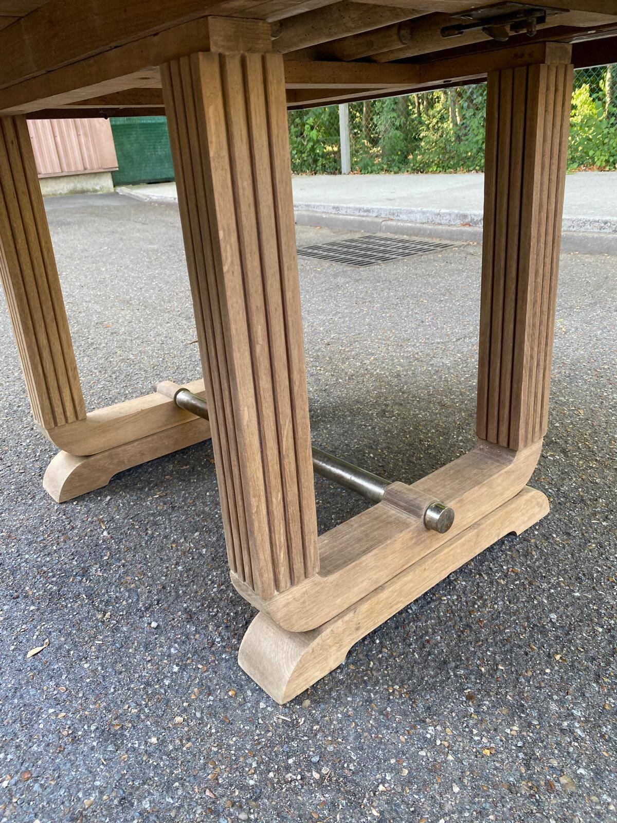 Rectangular Art Deco dining table with a central pedestal, stripped in solid oak.