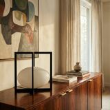 Minimalist Cube Table Lamp Black Metal Opal Glass Geometric European 1970s