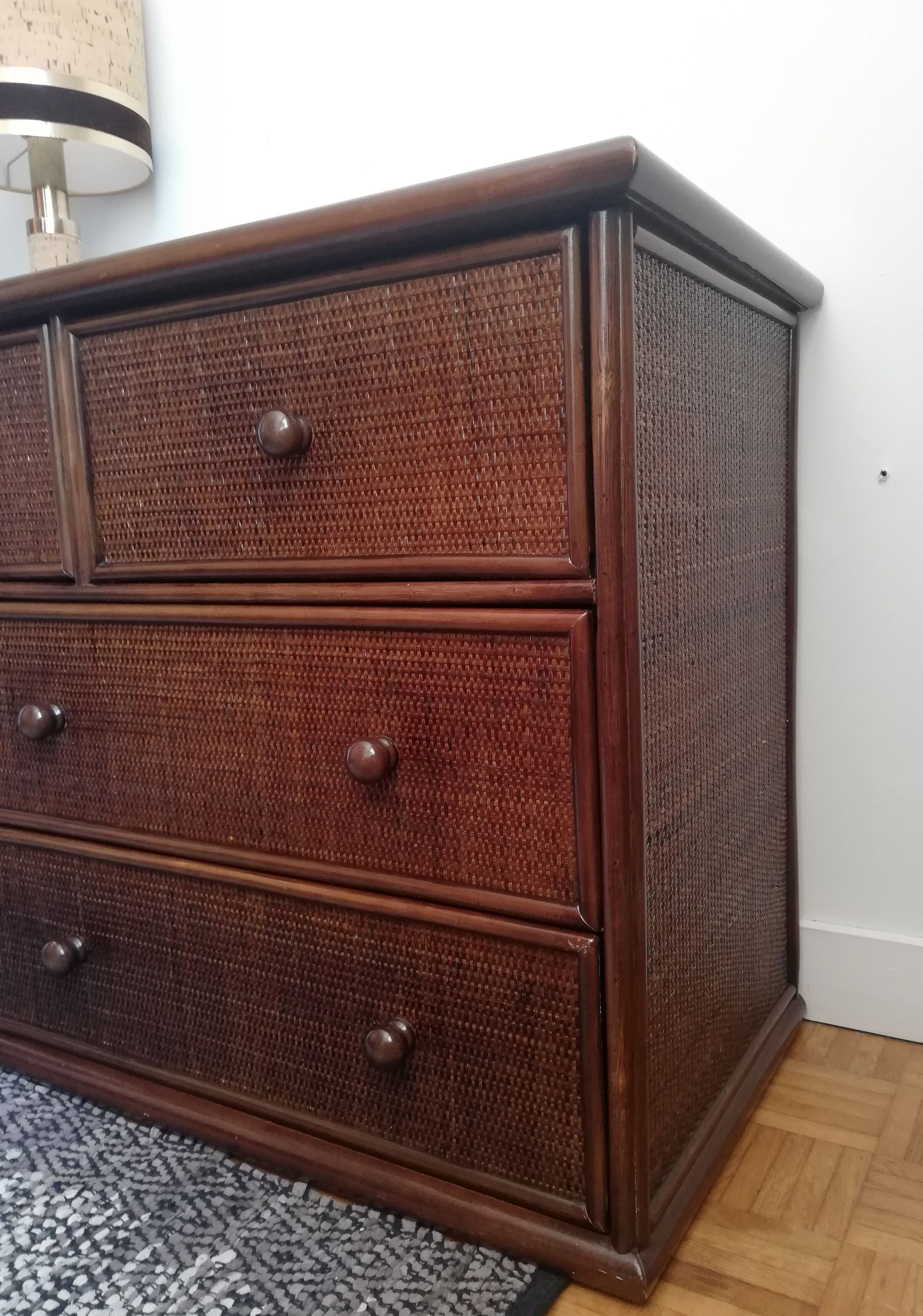Chest of drawers braided rattan and wood