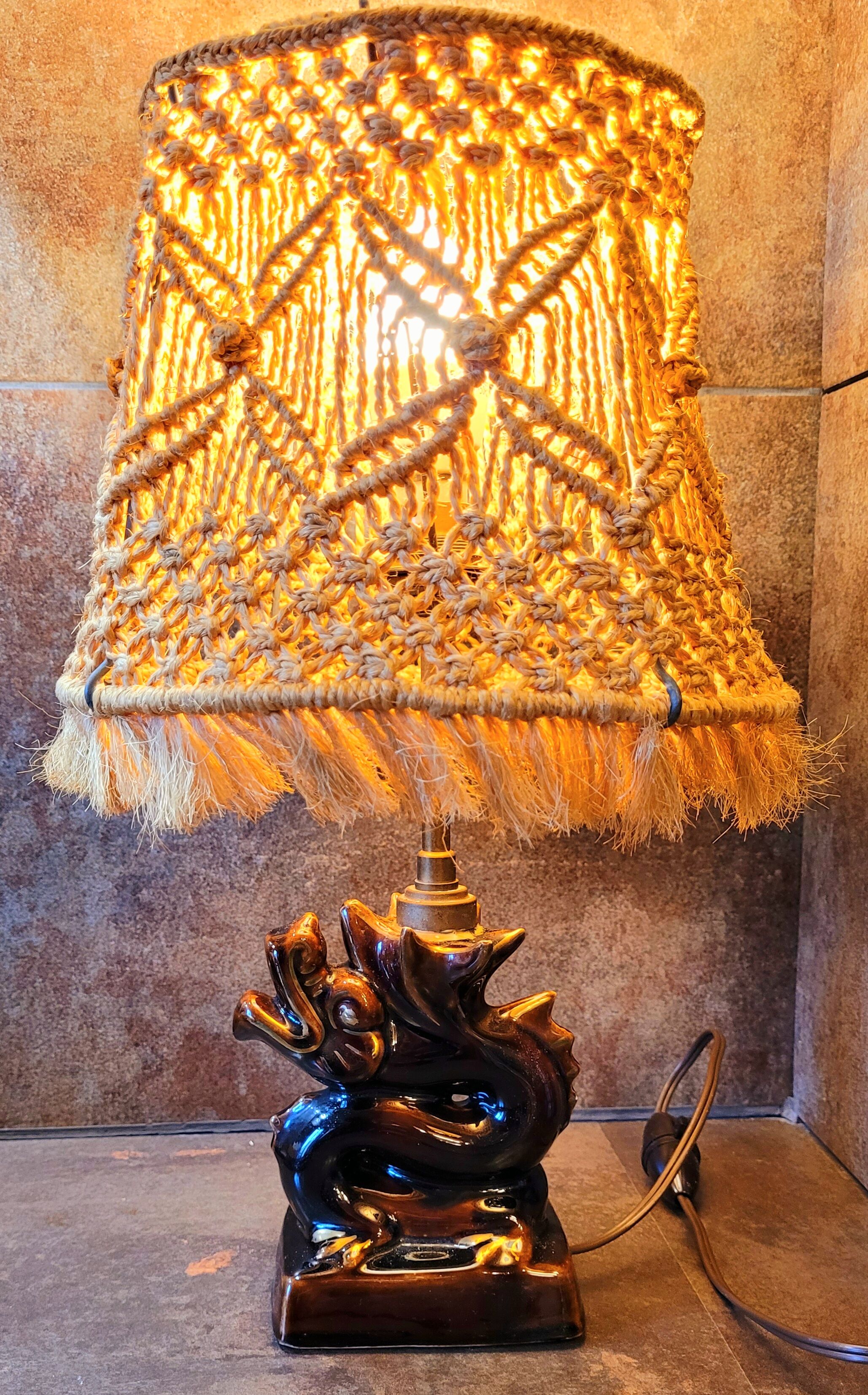 Old vintage ceramic lamp and rope lampshade 40s 50s