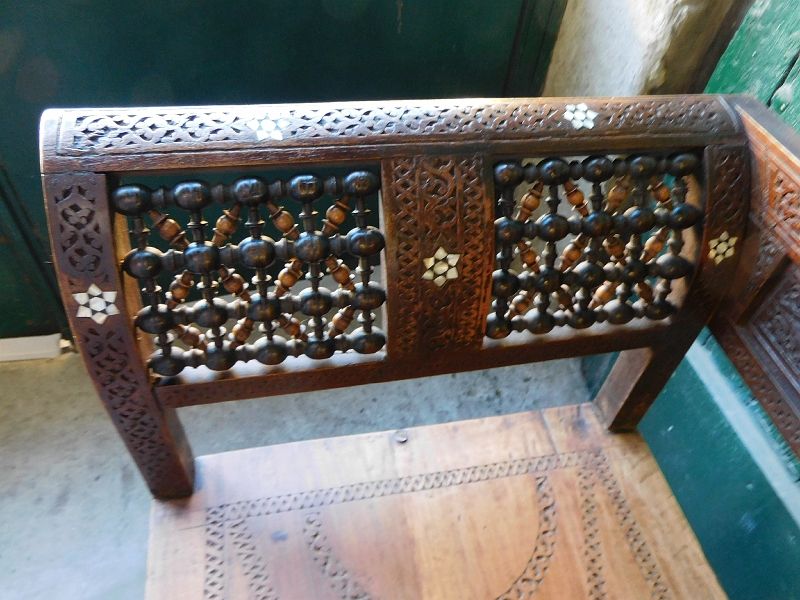 Old syrian wooden bench and mother-of-pearl inlay