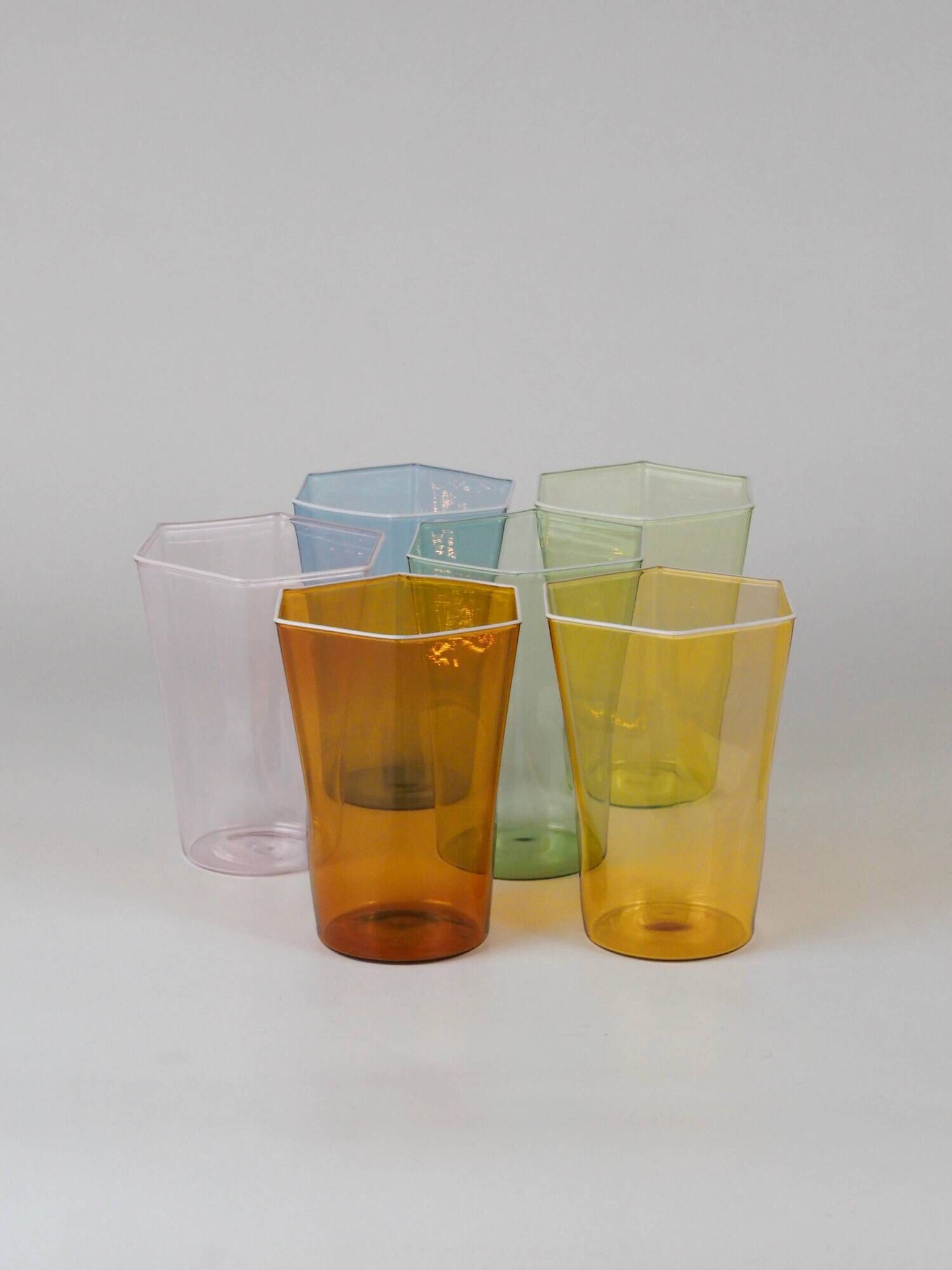 Set of six hexagonal Murano glass glasses handmade by Carlo Scarpa.