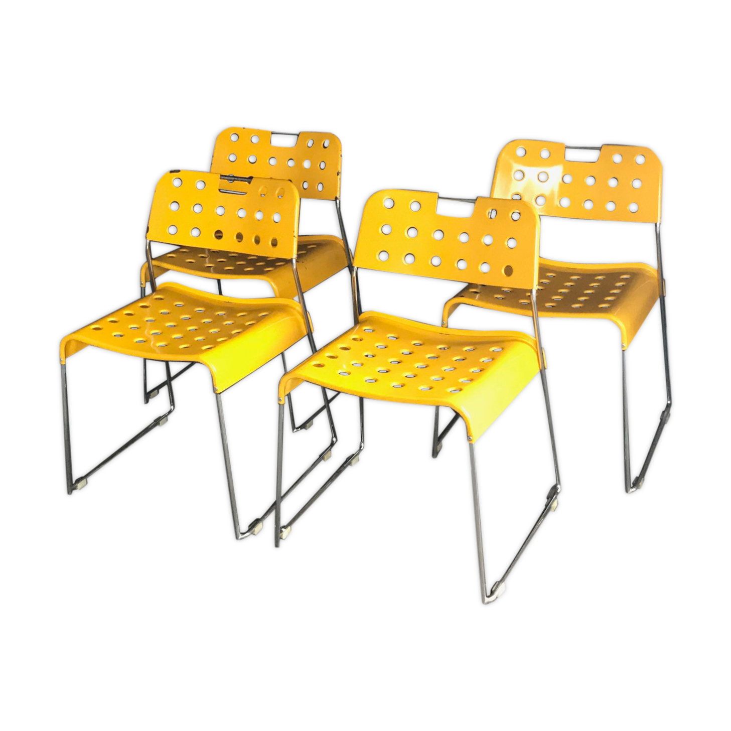 Set of 4 yellow Omstak chairs, Rodney Kinsman