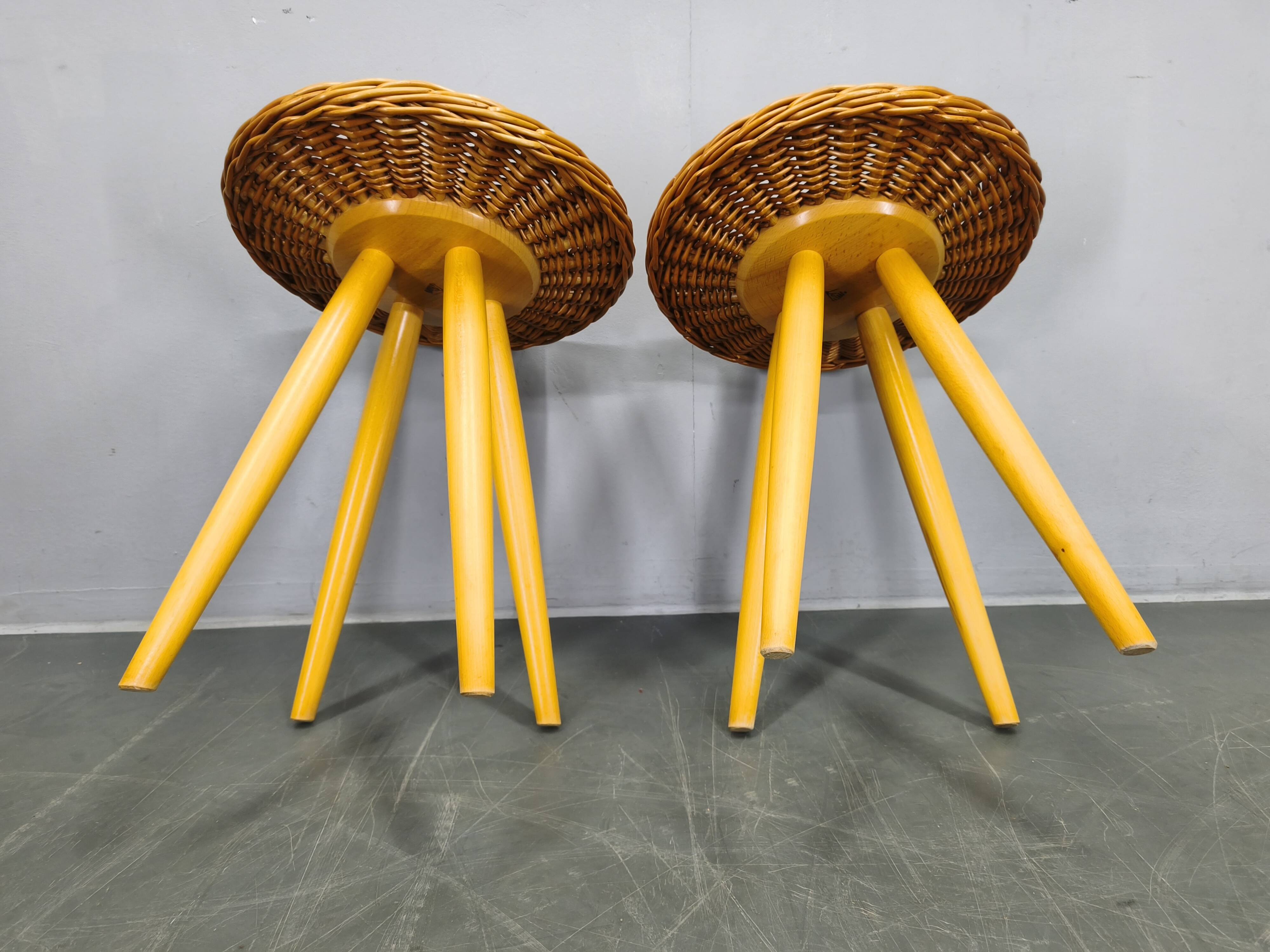 Pair of uluv rattan side tables by jan kalous, 1970s