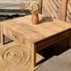 Large square farmhouse coffee table made of raw solid oak.