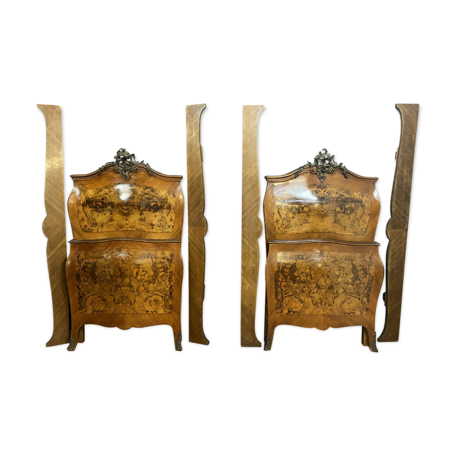 Pair of Louis XV curved beds all faces in walnut bramble and precious wood