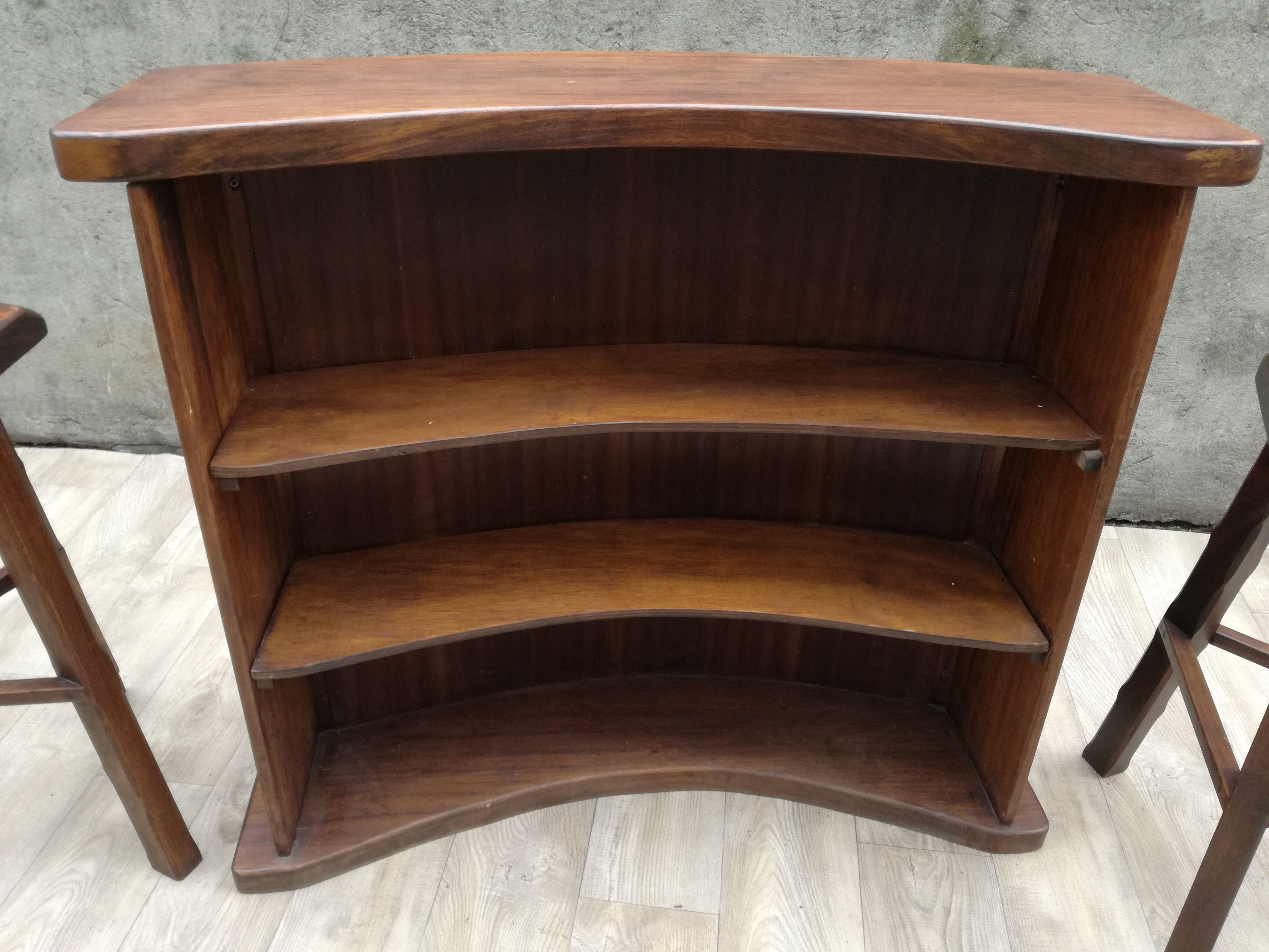 Bar and 2 brutalist stools in massive elm circa 1960