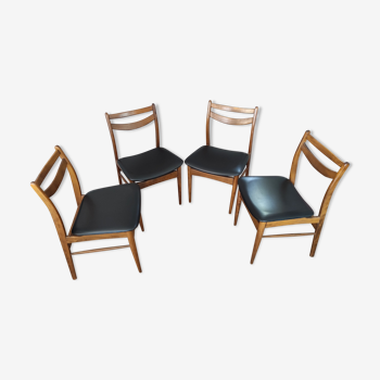 Lot de 4 chaises vintage scandinaves en bois havane et skaï noir