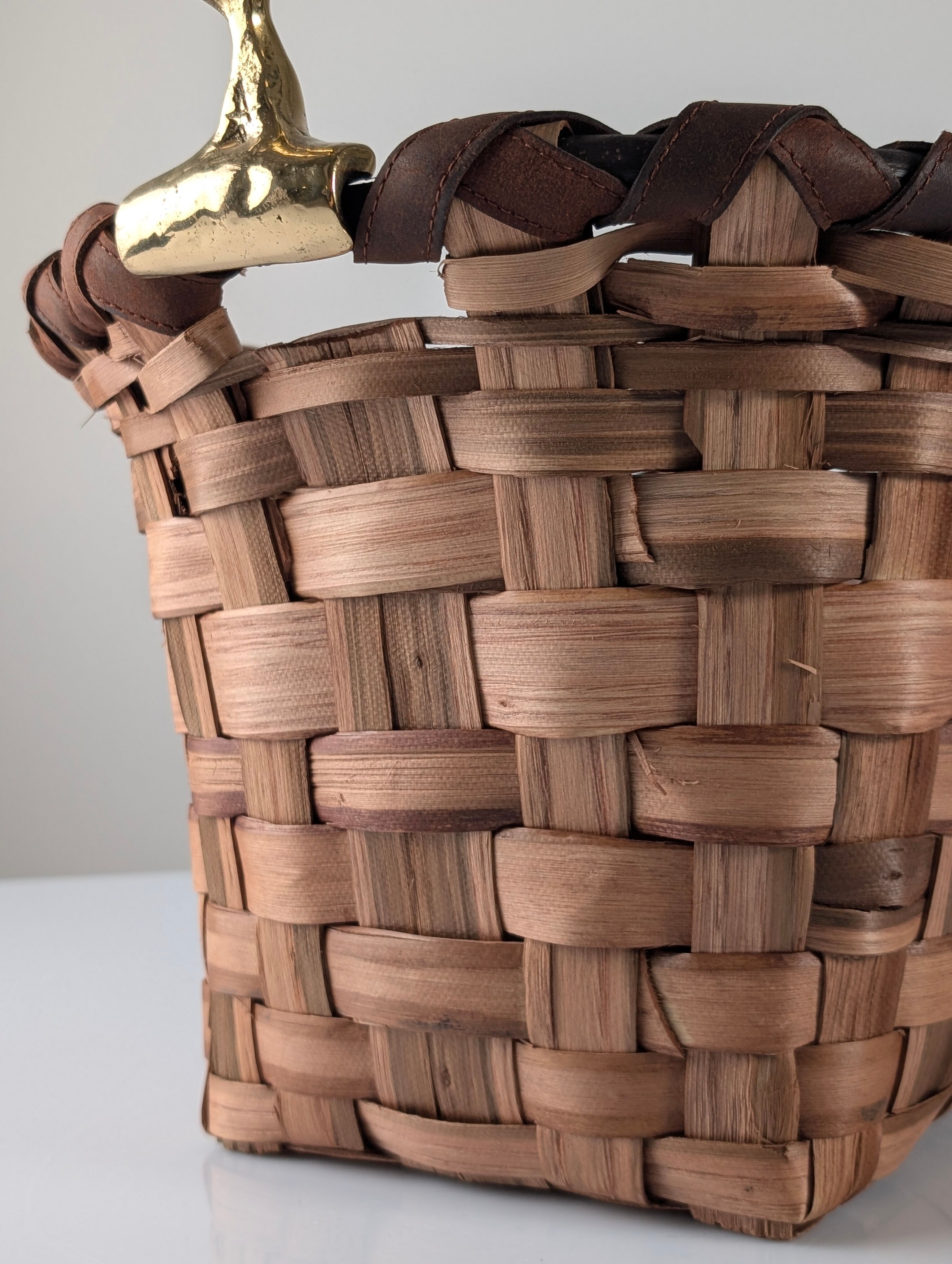 David Marshall brutalist splint wood and cast brass basket, 1970s