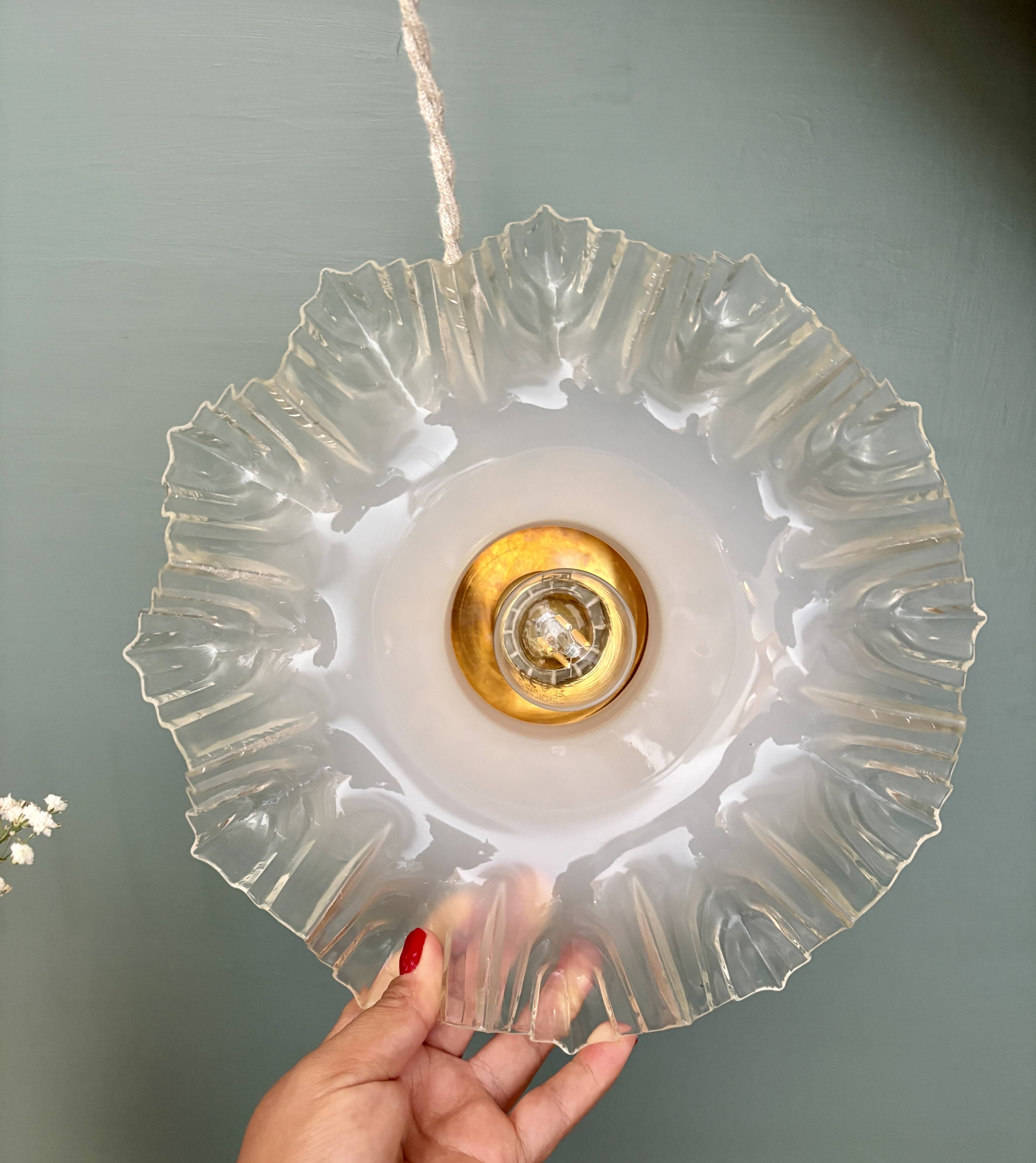 Vintage lace glass pendant lampshade, half white, half transparent