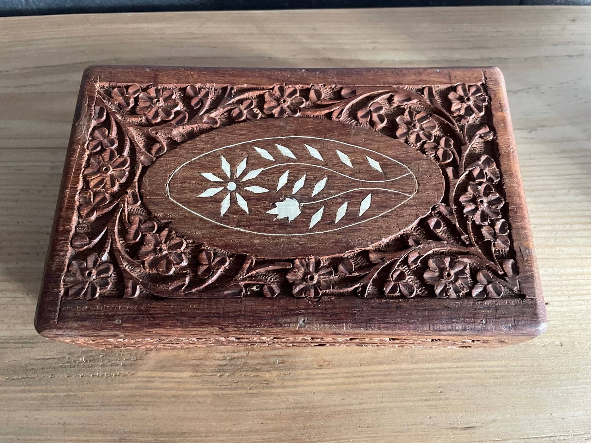 Vintage carved wooden jewelry/work box