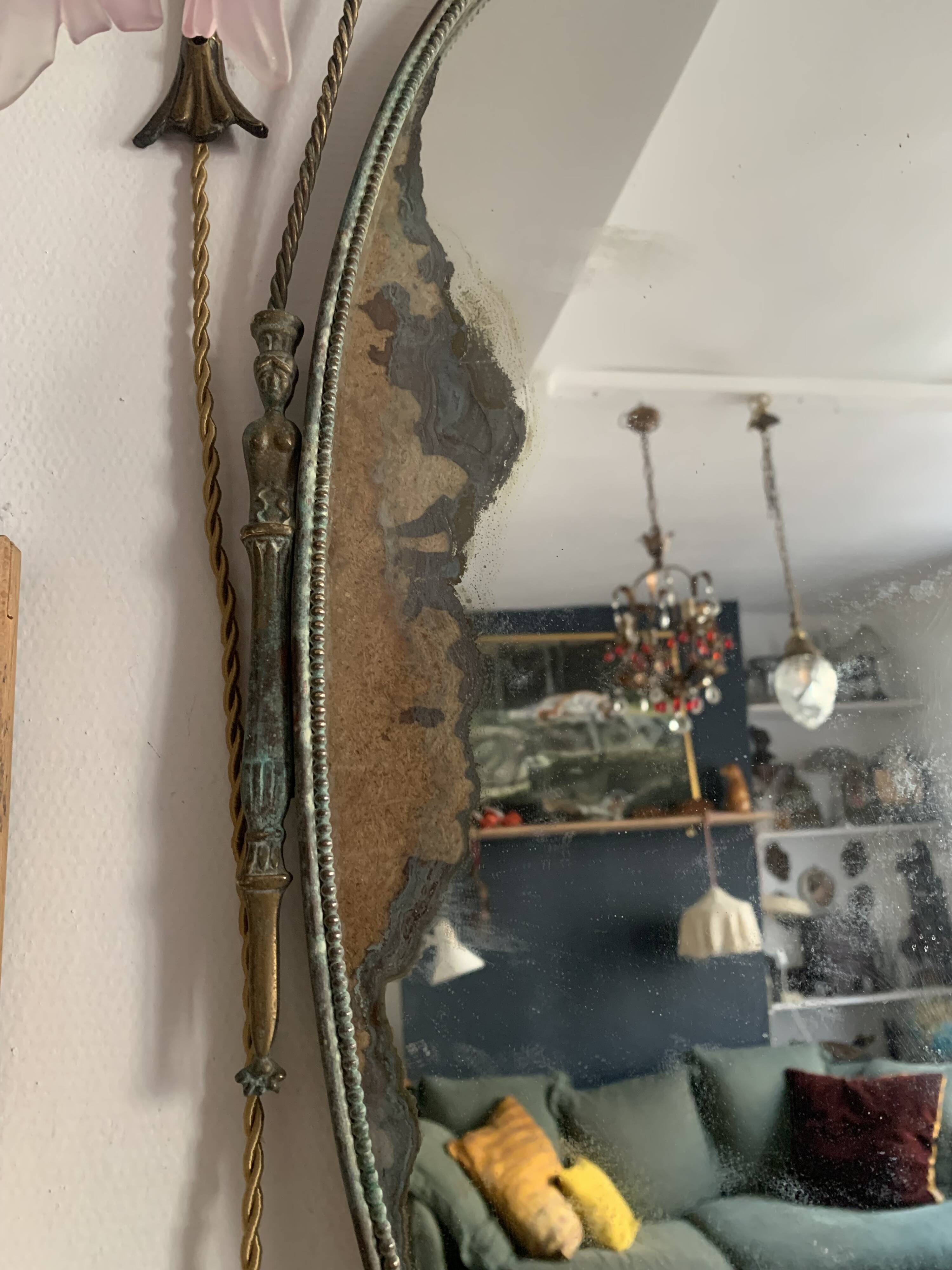 Large French Napoleon III Period Oval Bronze Wall Mirror, 19th Century