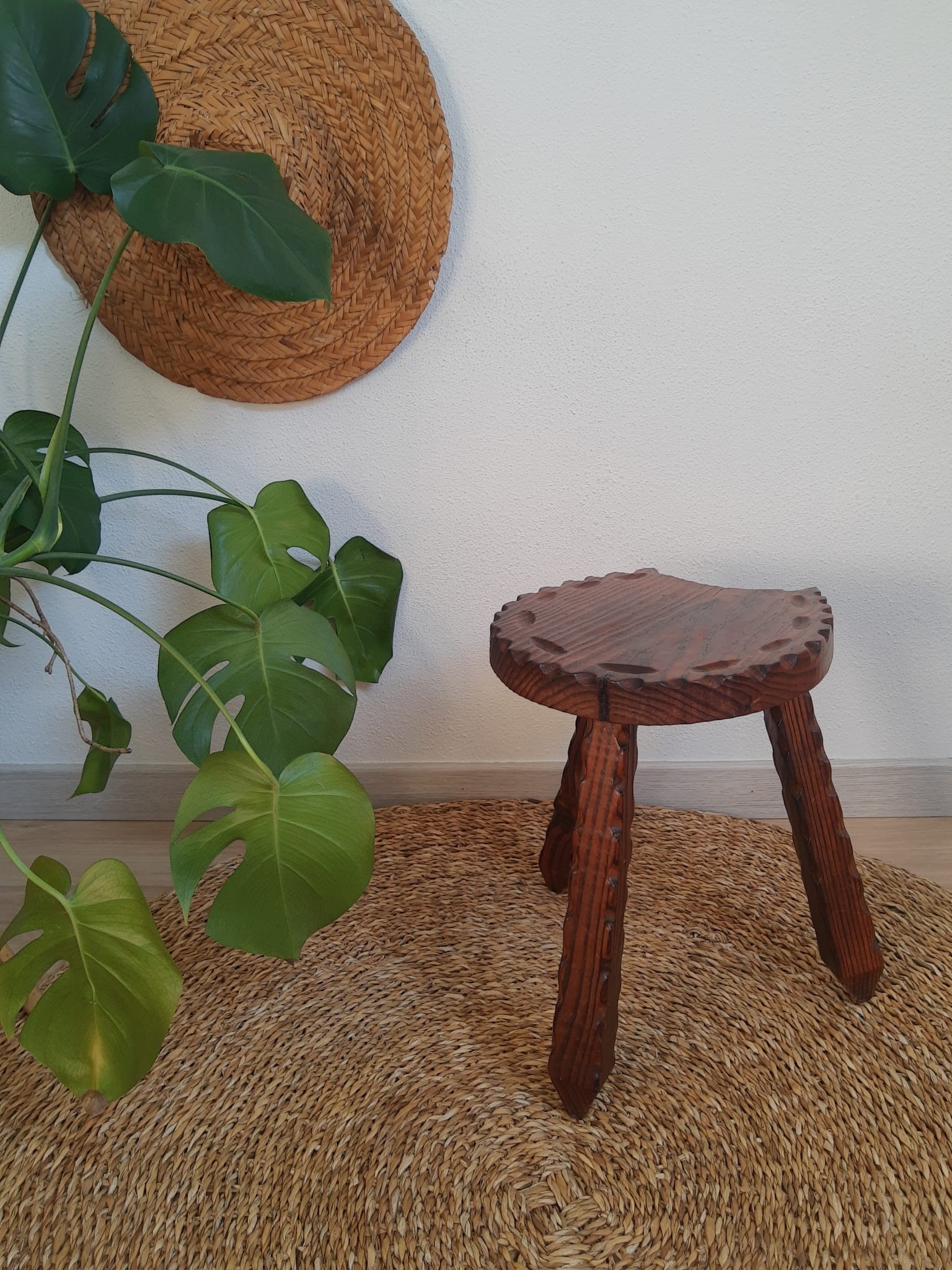 Wooden tripod brutalist farm stool vintage