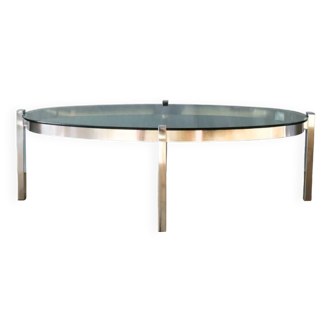 Table basse ovale en verre fumé et chrome Roche Bobois, design 1970