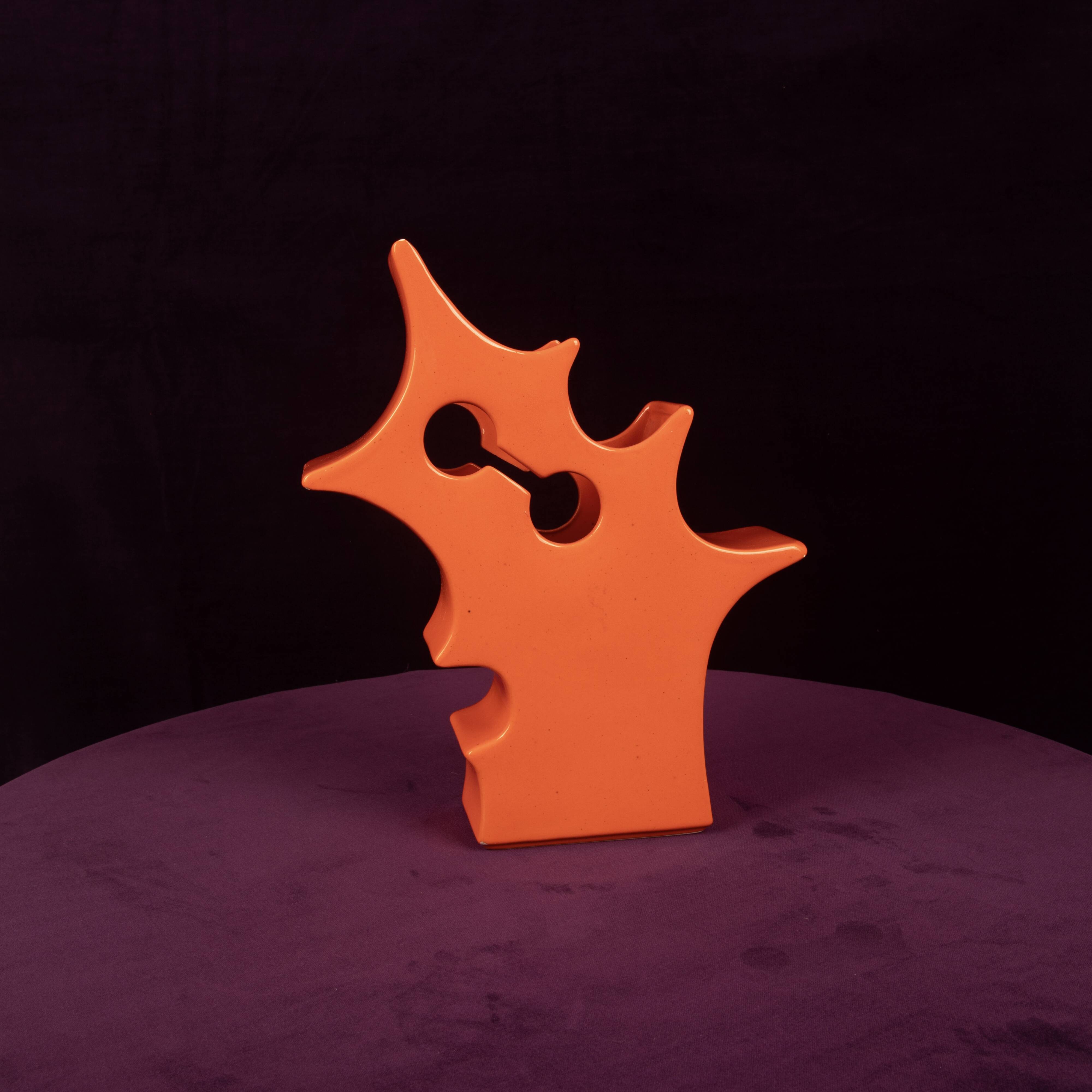 Abstract Orange Ceramic Sculptural Vase, Postmodern / Space Age, Italy, 1980