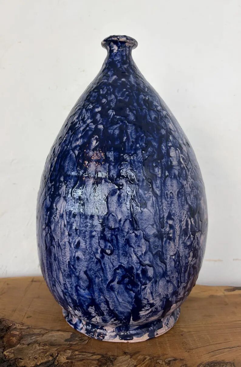 Vintage Mid-Century Studio Art Pottery Cobalt Blue Textured Glaze Teardrop Vase