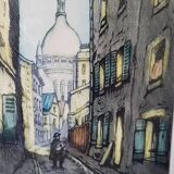 Etching Marcel Julien Baron signed, hand-colored print / Rue de Paris