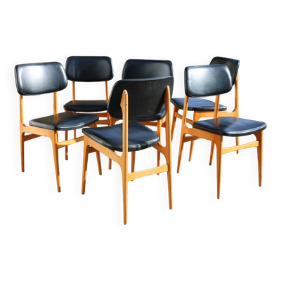 6 chaises Stella skaï noir hêtre clair