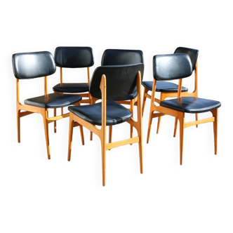 6 black faux leather Stella chairs with light beech wood.