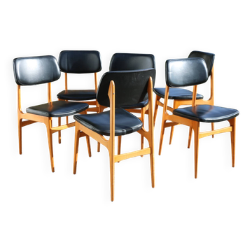 6 black faux leather Stella chairs with light beech wood.