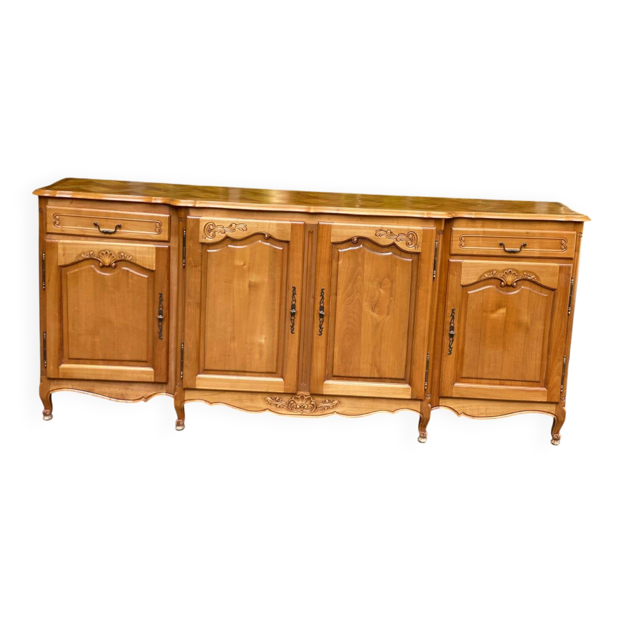Light solid wood enfilade with Louis XV marquetry, 1950, 230cm.