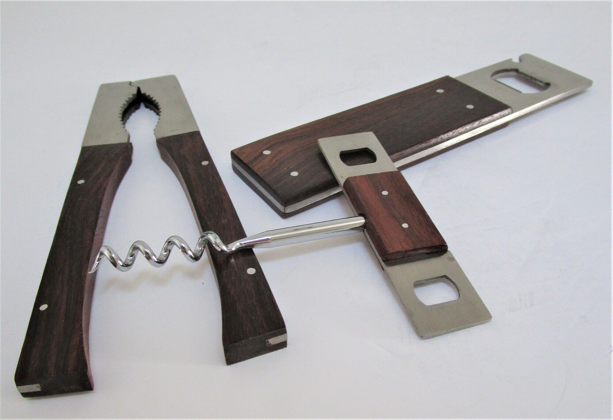 set rosewood stainless steel nutcracker corkscrew bottle opener design 70s Letang Remy