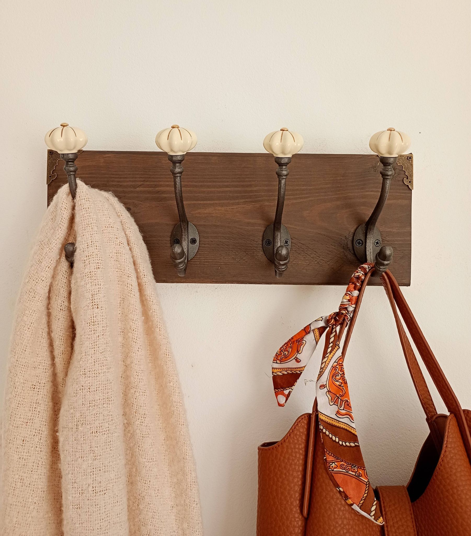 Wall-mounted coat rack wood hook cast iron and ceramic - handmade