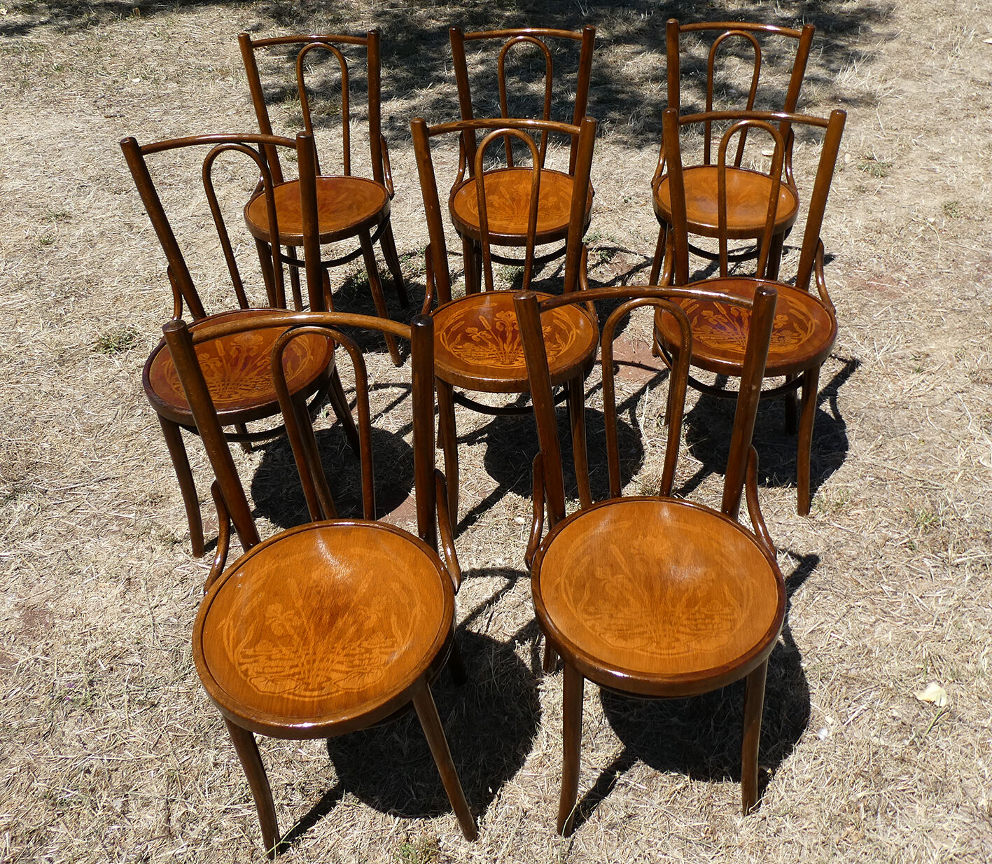 Lot of 8 Art Deco bistro chairs seated screen-printed