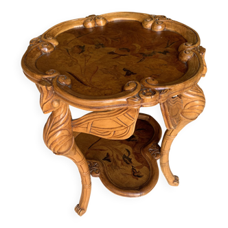 Gueridon with dragonflies in Gallé Art Nouveau style in marquetry.