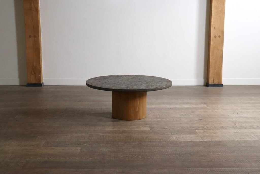 Peter Draenert studios coffee table in fossil stone and oak, Germany 1970s