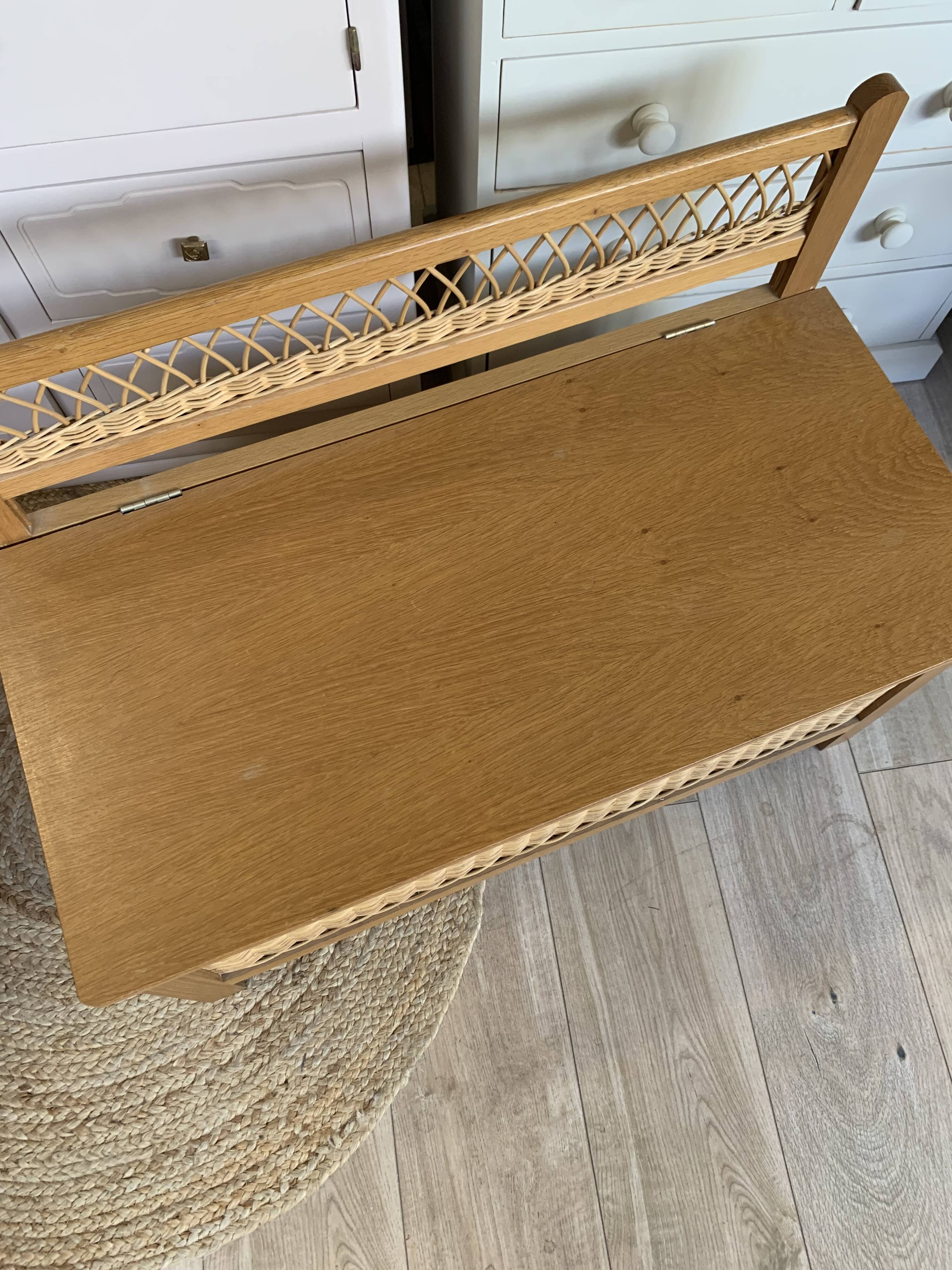 Vintage wood and rattan chest bench