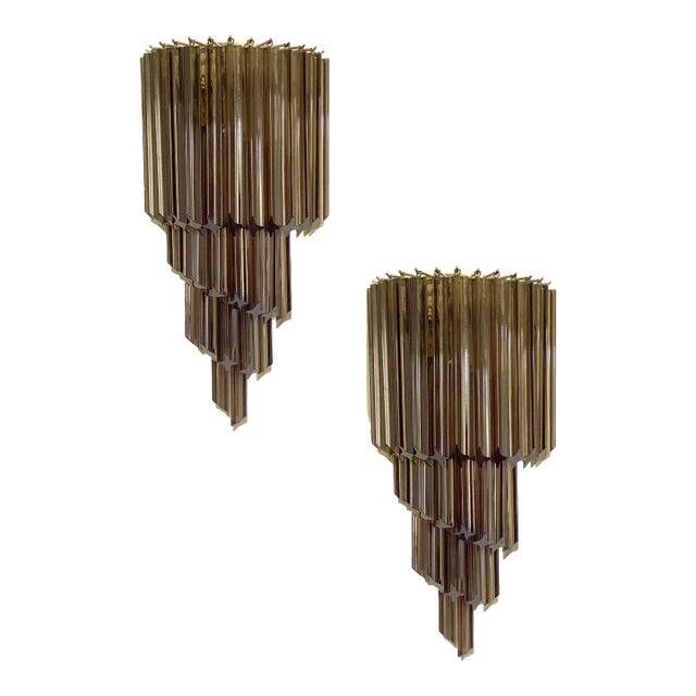 Set of Two Venetian Fumè "Quadriedro" Murano Glass Wall Sconces