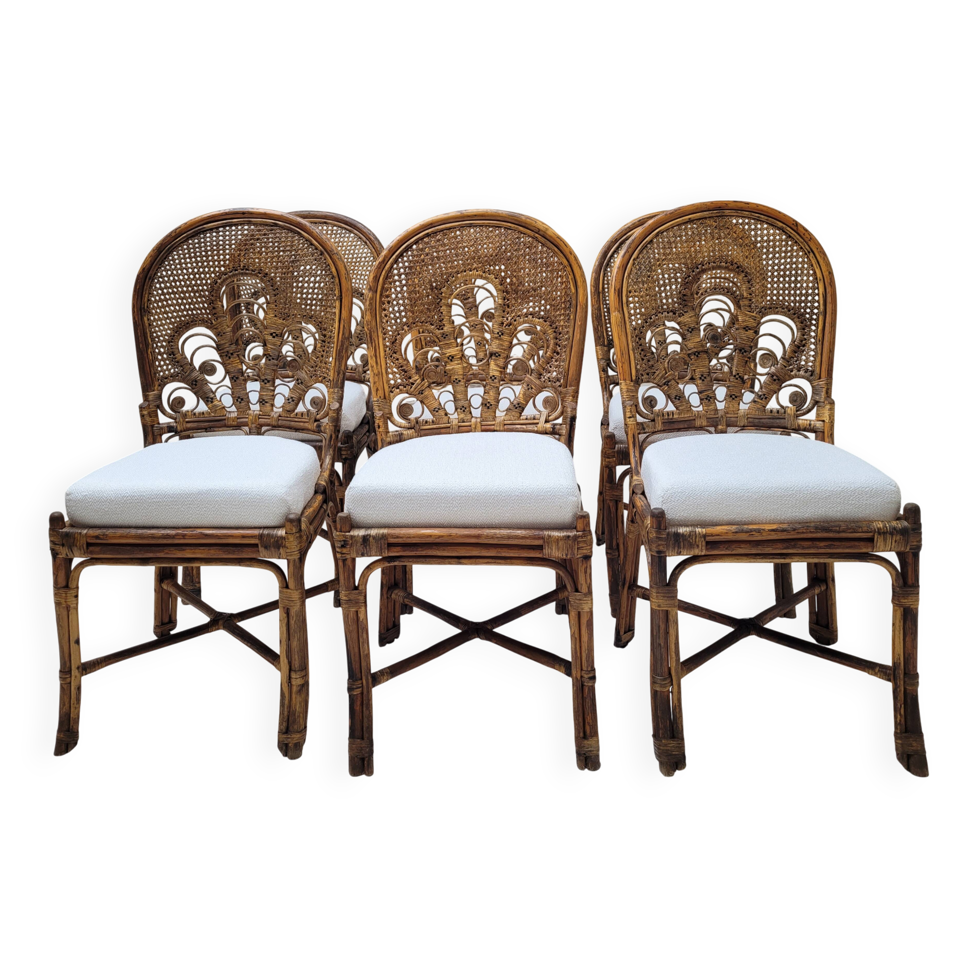 6 Vintage Emmanuelle Peacock Rattan Chairs