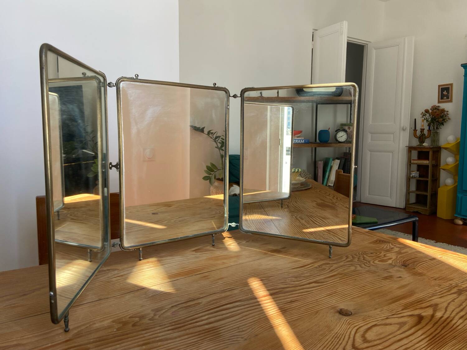 Metal triptych mirror from the 1950s