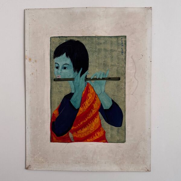 Acrylique sur papier joueur de flûte par Tran Long XXe
