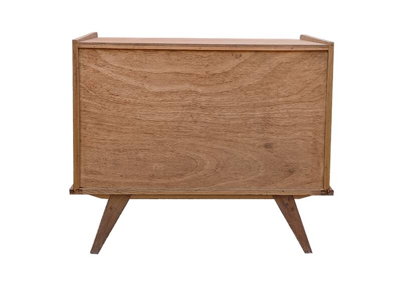 Renovated vintage commode from the 1960s in oak with slanted profile and tapered legs.